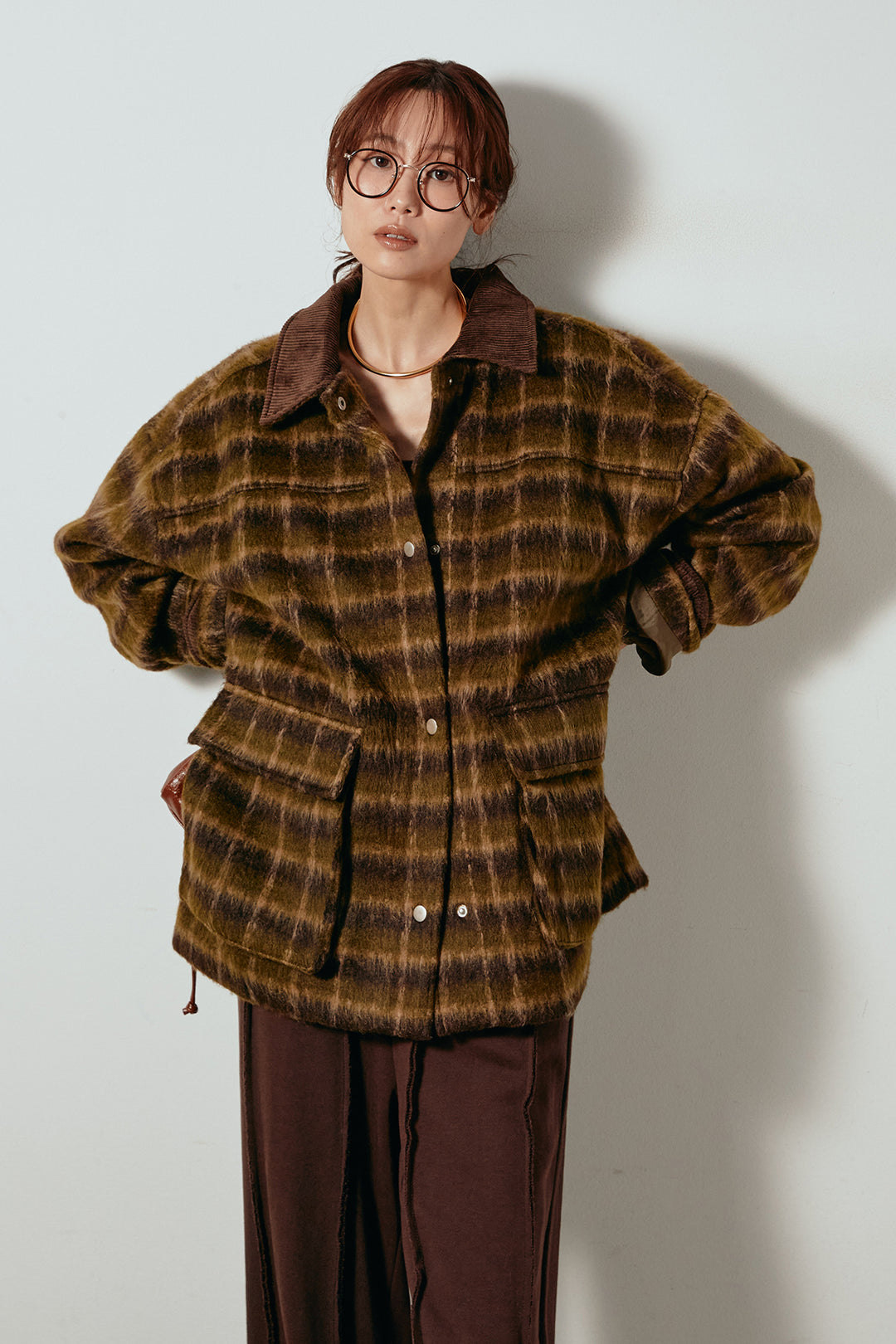 [SET]チェックシャギーミドルカバーオール+フロントラインデザインワイドスウェットパンツ(2set)