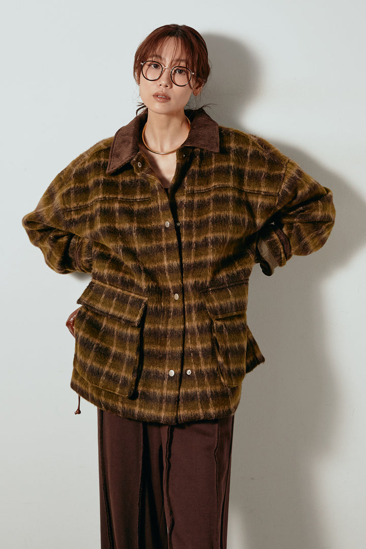 [SET]チェックシャギーミドルカバーオール+フロントラインデザインワイドスウェットパンツ(2set)