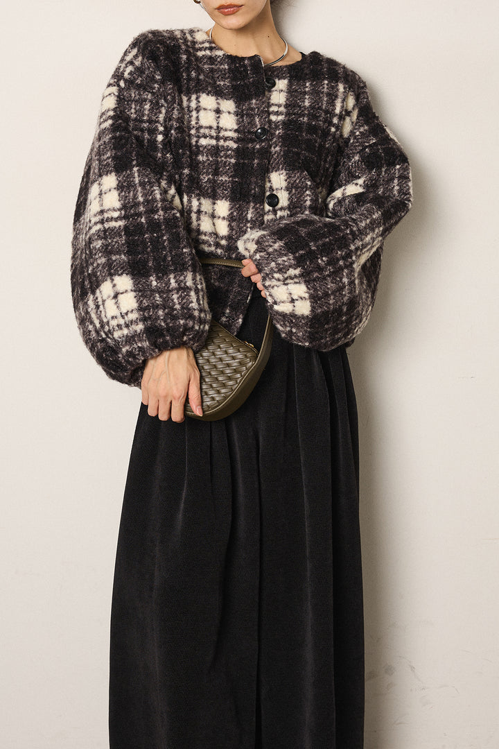 [SET]ノーカラーチェック柄ボアブルゾン+ベルトループコーデュロイワイドパンツ(2set)