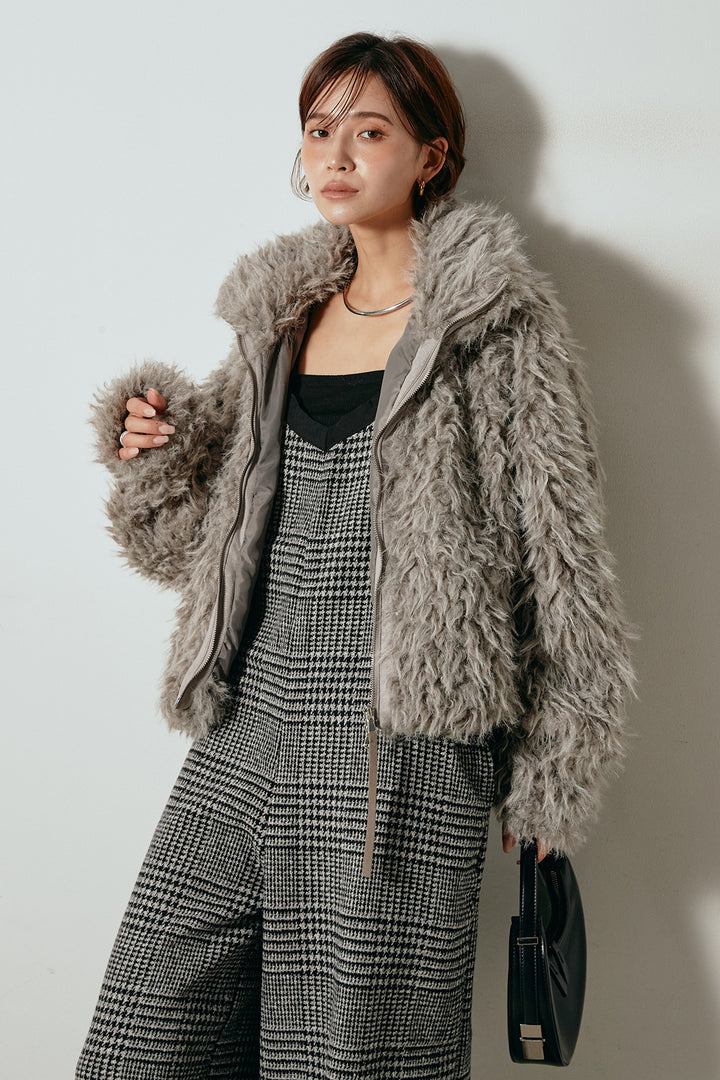 [SET]ミックスシープファースタンドブルゾン+前後2wayグレンチェック柄スカーチョサロペット(2set)