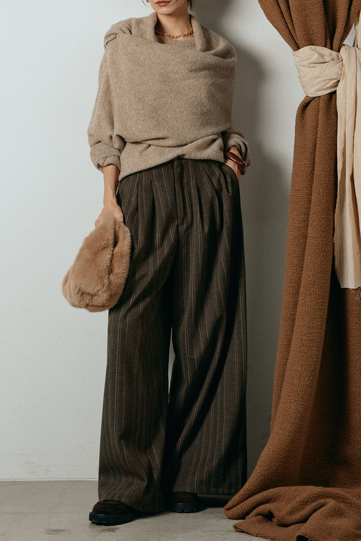 [SET]ネック巻きデザインニットトップス+タック入りマルチストライプ柄ワイドパンツ(2set)
