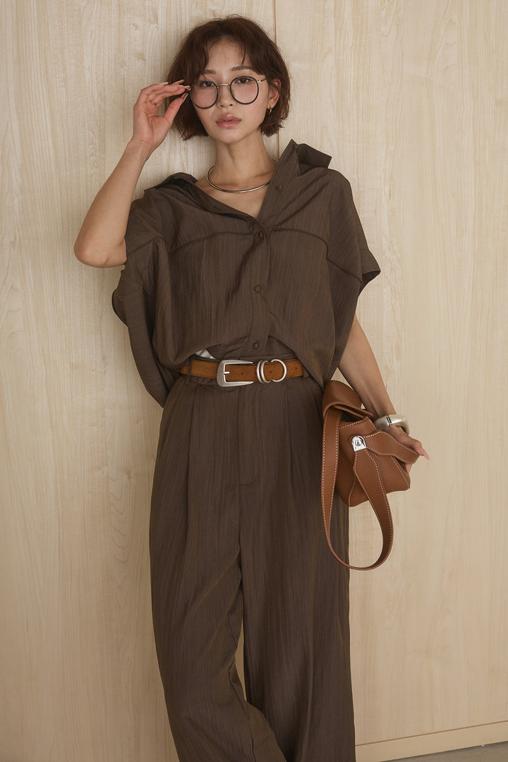 [SET]リネンライクランタンノースリシャツ+リネンライク2タックワイドパンツ(2set)