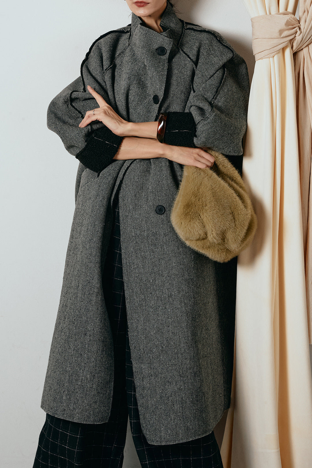 [SET]裏地ボアハイネックロングアウター+ウールライクチェックタックパンツ(2set)
