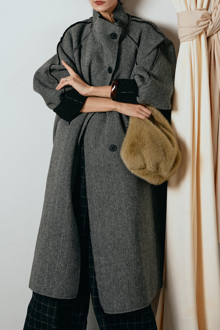 [SET]裏地ボアハイネックロングアウター+ウールライクチェックタックパンツ(2set)
