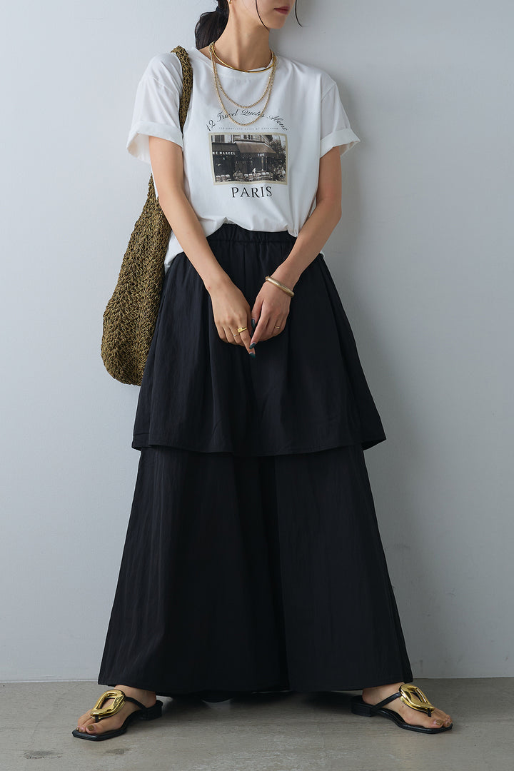 [SET]PARISフォトTシャツ+タックスカートドッキングフレアパンツ(2set)