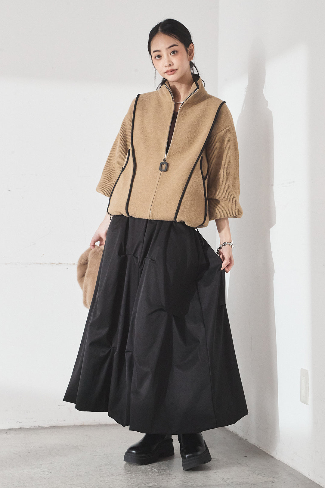 [SET]ハイネックパイピングデザインブルゾン+ランダムタックバルーンスカート(2set)