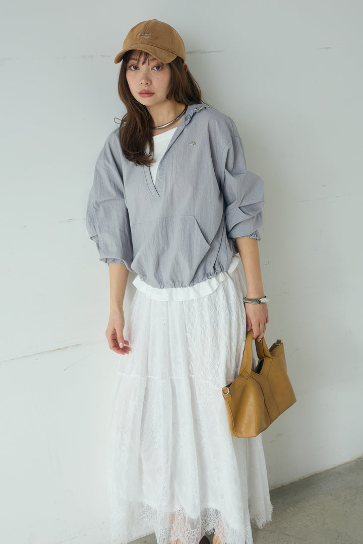 [SET]レイヤードデザインフーディートップス+ひげレース切替ロング丈スカート(2set)