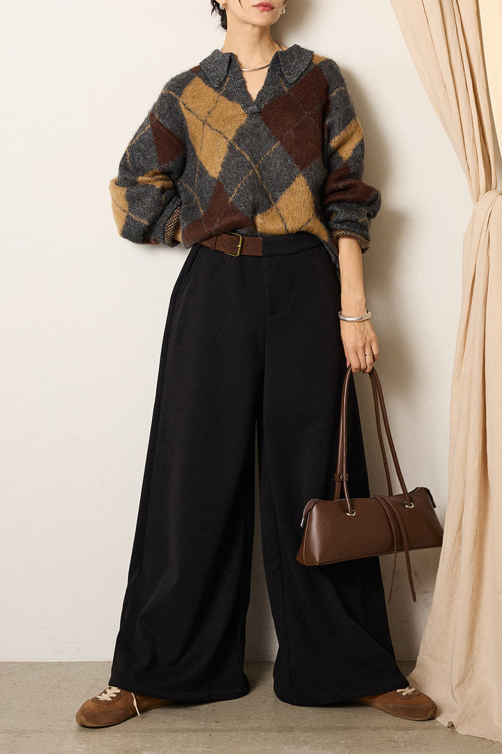 [SET]アクリルモヘアアーガイルキーネックプルオーバー+サイドベルトパンツ(2set)