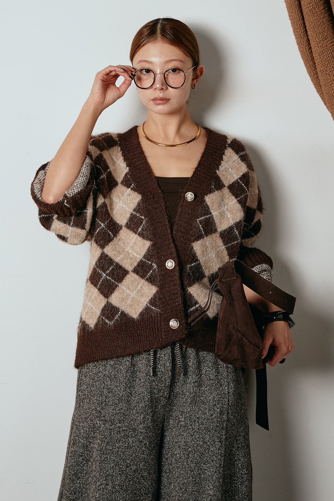 [SET]オーバーサイズ総柄Vネックニットカーディガン+杢ニットフレアパンツ(2set)