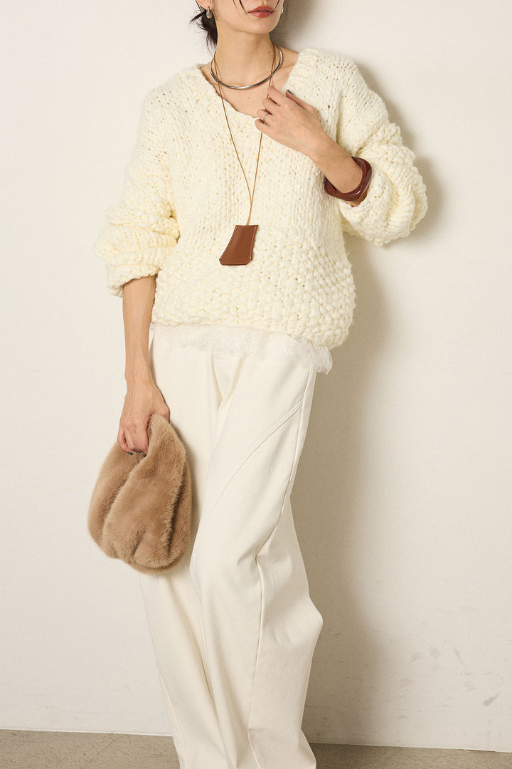 [SET]Vネックハンド編みニットトップス+レース切り替えキャミソール(2set)