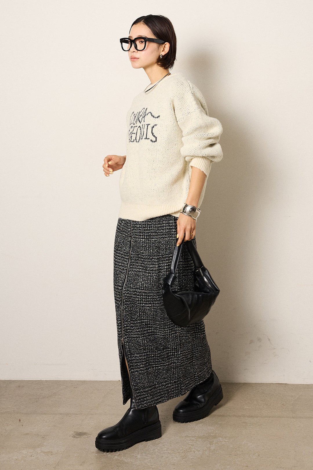 [SET]ロゴシャギーニットプルオーバー+グレンチェック柄フロントジップタイトスカート(2set)