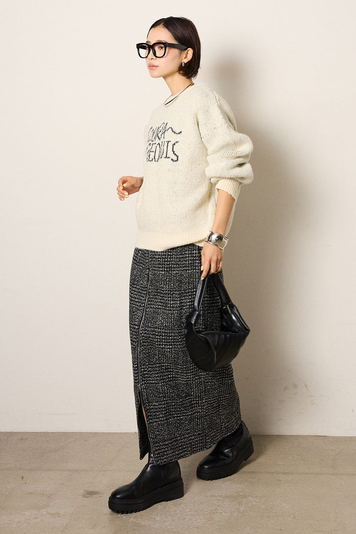 [SET]ロゴシャギーニットプルオーバー+グレンチェック柄フロントジップタイトスカート(2set)