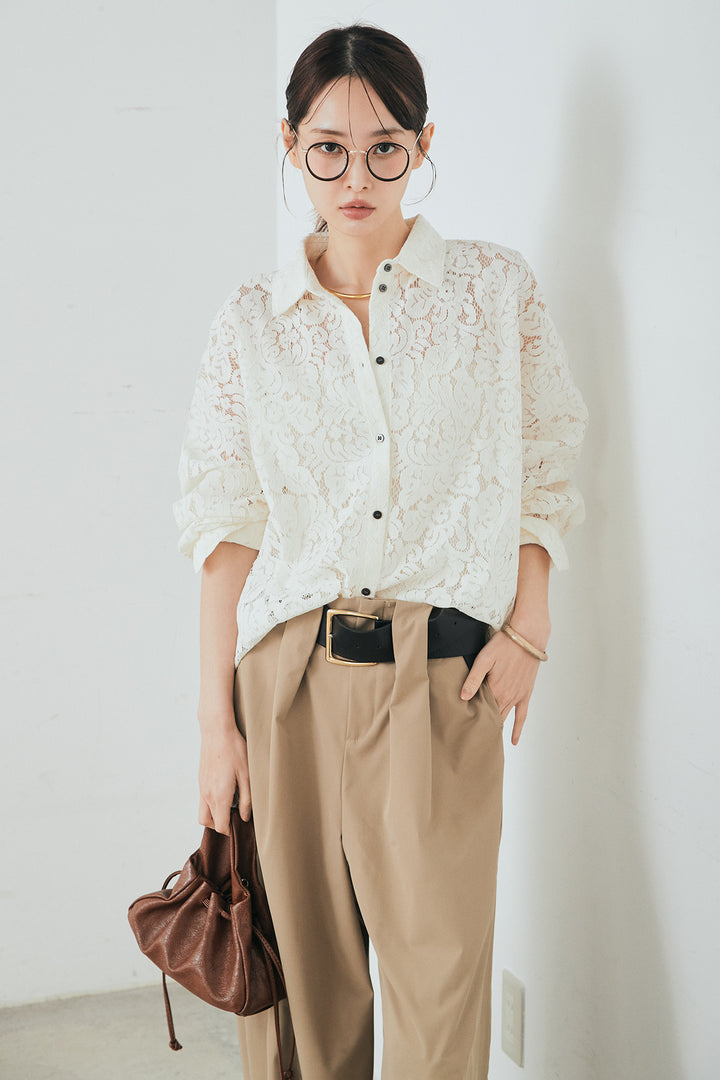 [SET]レース裾スカラップシャツ+ベルトループデザインハイウエストタックパンツ(2set)