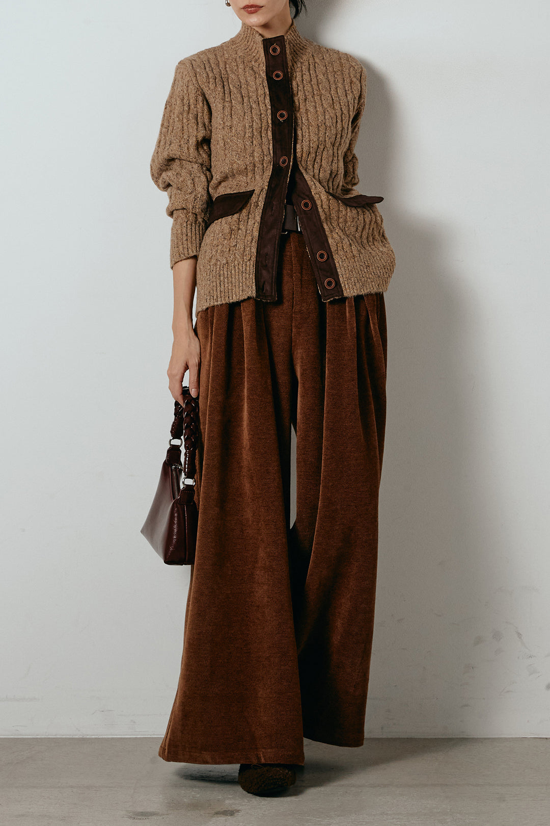 [SET]ボトルネックケーブルニットカーディガン+ベルトループコーデュロイワイドパンツ(2set)