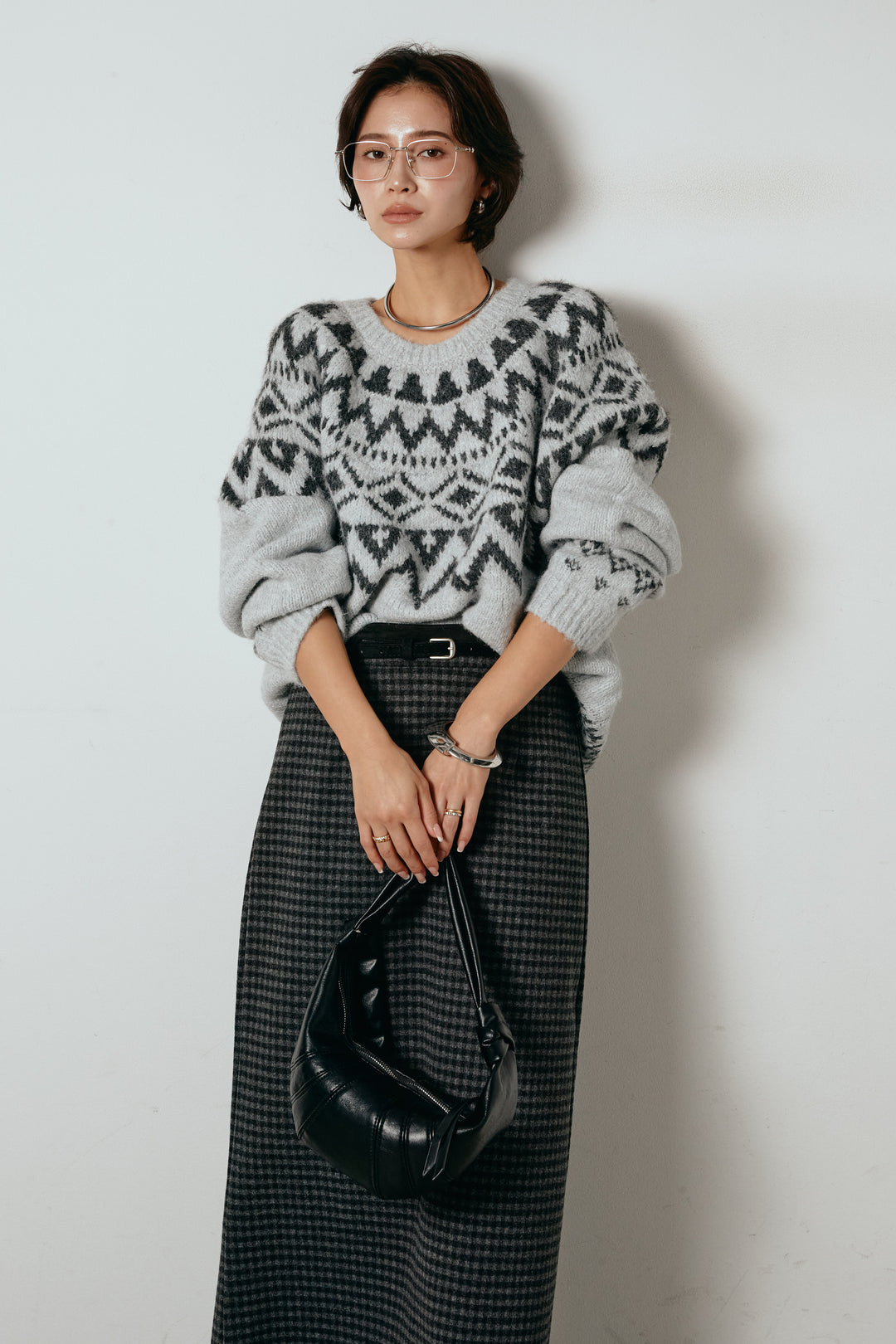 [SET]ノルディック柄Uネックプルオーバー+スエード調ベルト付きチェックナロースカート(2set)