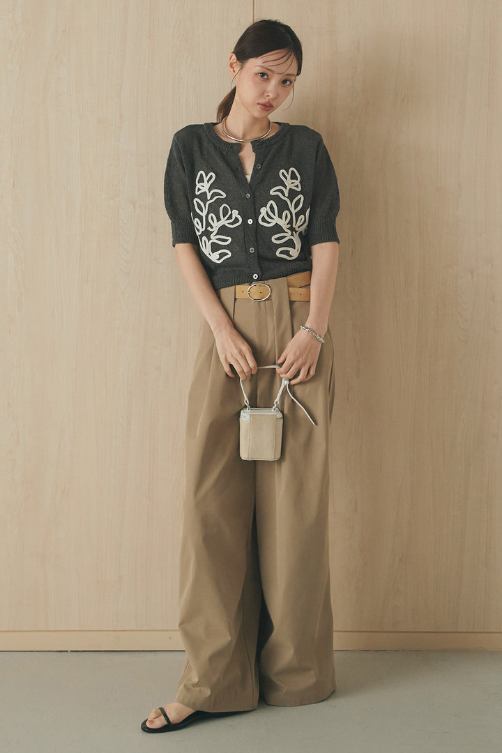 [SET]フロントテープデザイン半袖カーディガン+ベルトループデザインハイウエストタックパンツ(2set)