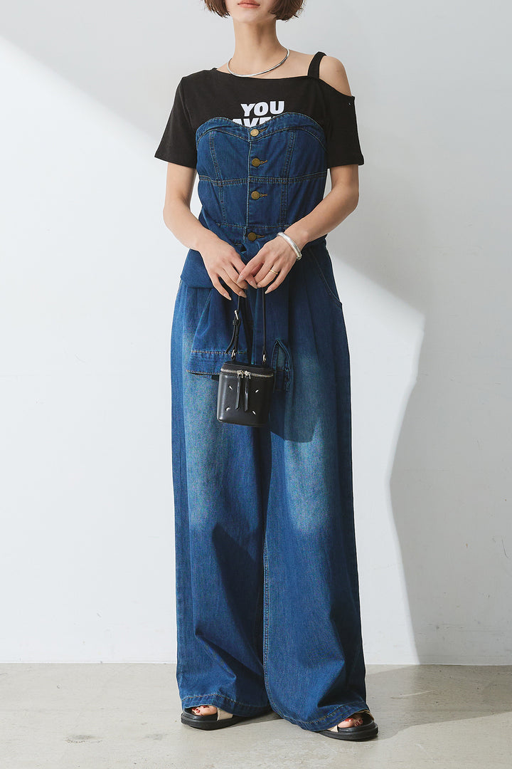 [SET]テキストロゴワンショルTシャツ+2WAYデニムベアサロペット(2set)