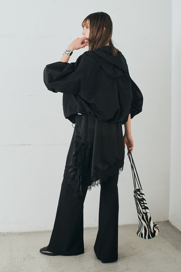 [SET]ナイロンボリュームWジップパーカーブルゾン+サテンレースアシメキャミ+細編みベルト付きパンツ+サテンレースアシメキャミ(3set)