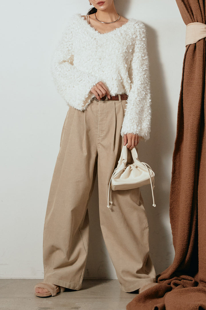 [SET]深Vネックチョウチョヤーンニットトップス+フロントタック入りコーデュロイパンツ(2set)