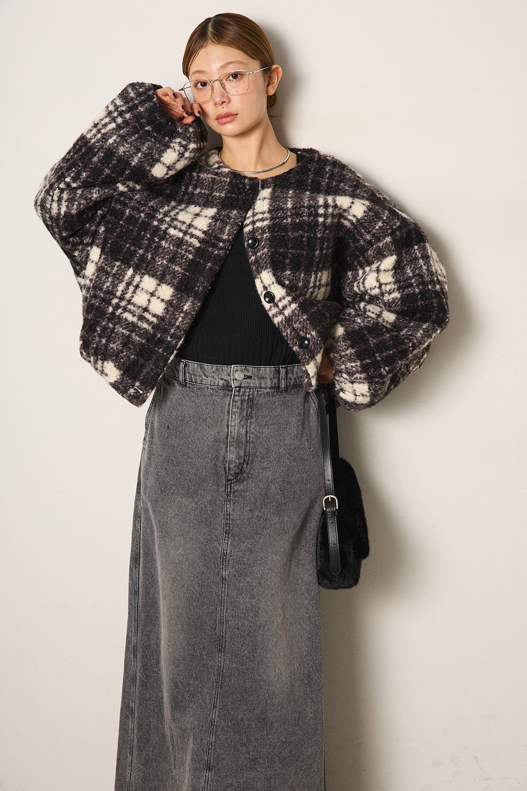 [SET]ノーカラーチェック柄ボアブルゾン+デニムロングフレアスカート(2set)