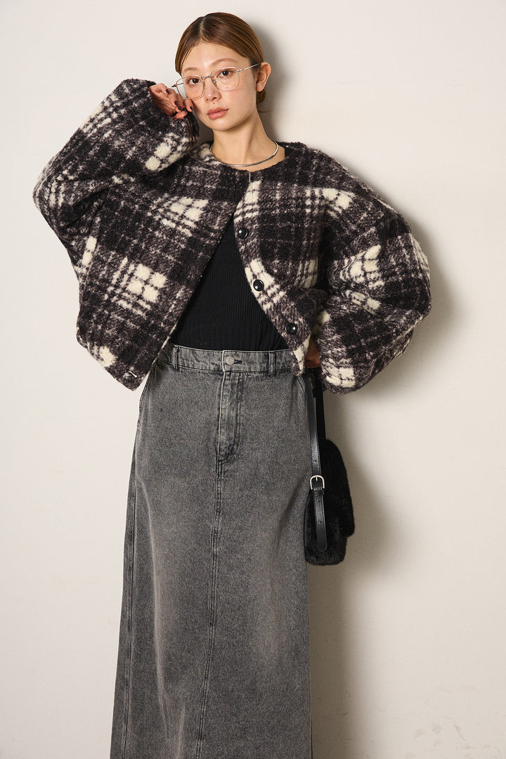 [SET]ノーカラーチェック柄ボアブルゾン+デニムロングフレアスカート(2set)
