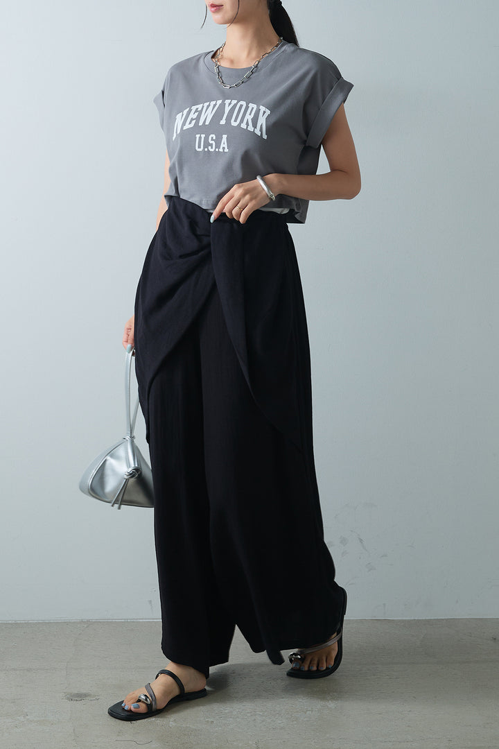 [SET]ショート丈NEWYORKロゴTシャツ+ねじりデザインワイドパンツ(2set)