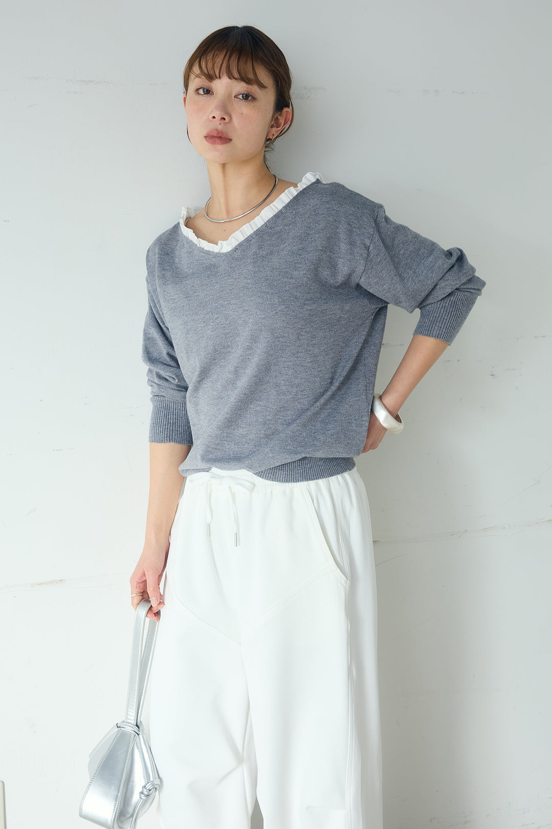 [SET]クールクール異素材コンビオフショルプルオーバー+ランダムタックデザインワイドパンツ(2set)