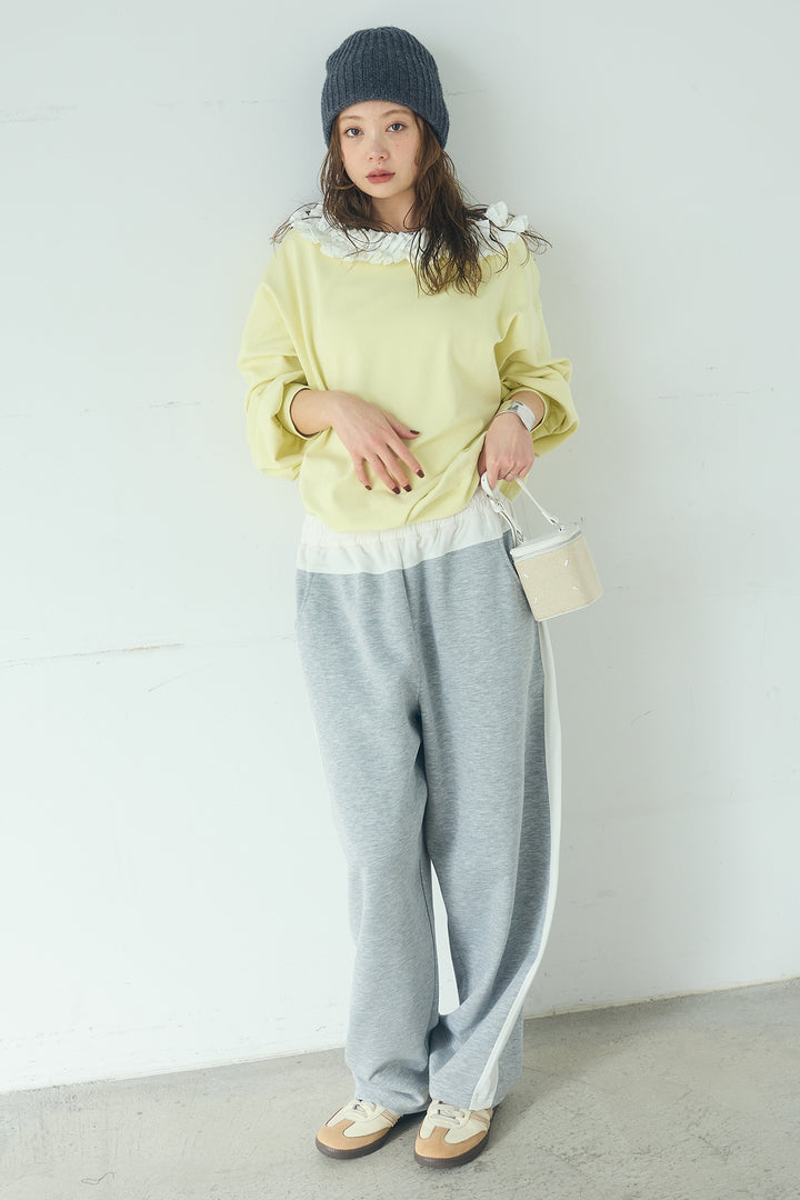 [SET]ネックギャザーフリルスウェット+異素材切り替えスウェットパンツ(2set)