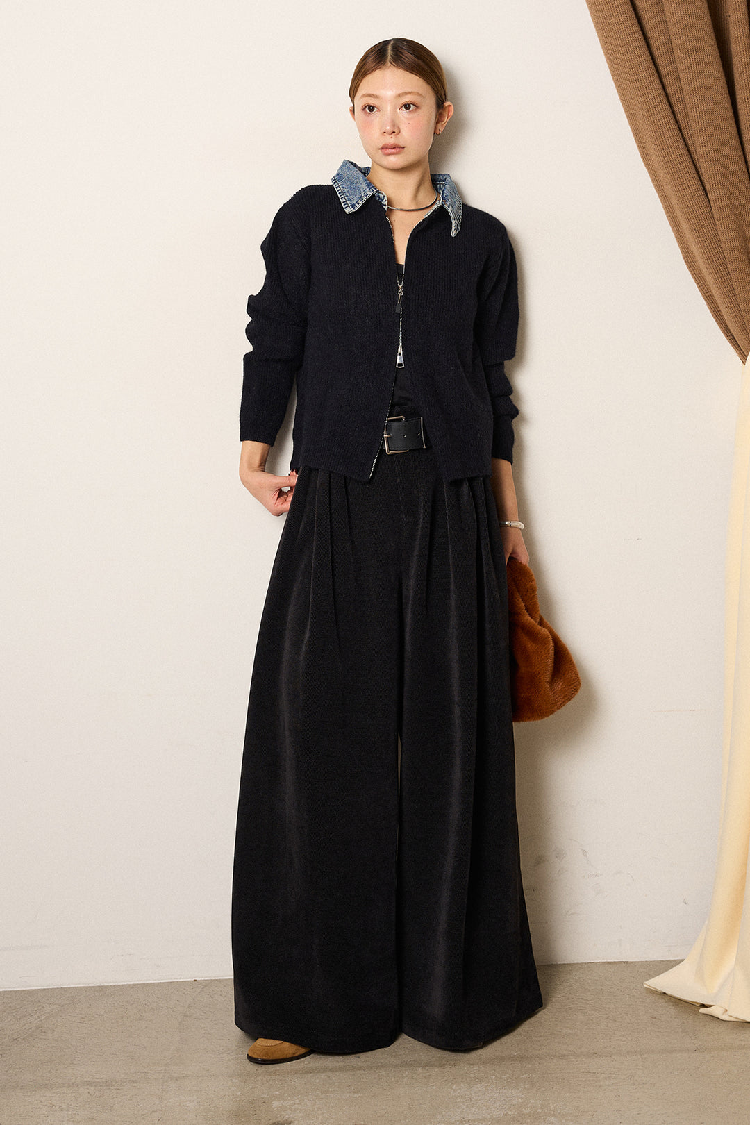 [SET]デニム襟ダブルジップニットトップス+ベルトループコーデュロイワイドパンツ(2set)