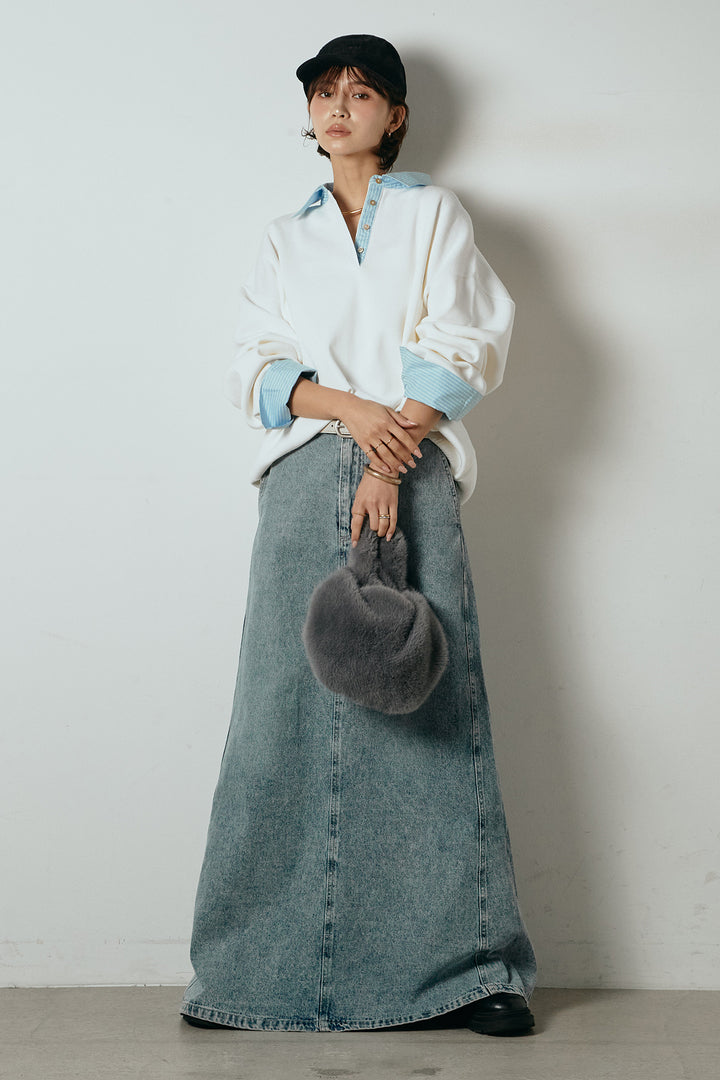 [SET]ストライプシャツドッキングポロトップス+デニムロングフレアスカート(2set)