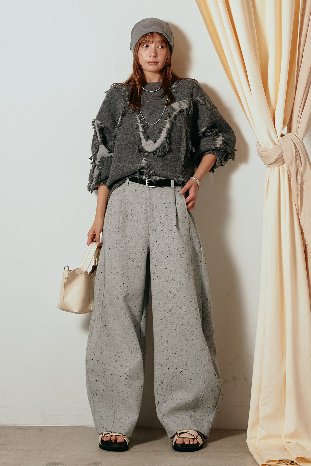 [SET]シャギージャガードニットトップス+ベルト付きネップツイードカーブパンツ(2set)