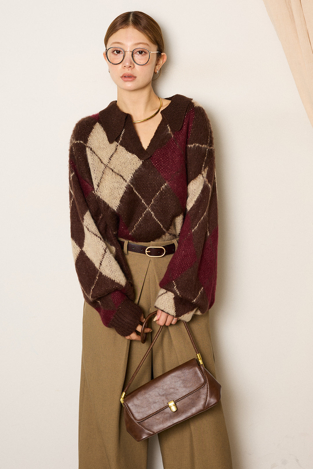 [SET]アクリルモヘアアーガイルキーネックプルオーバー+フロントワイドタックネップ入ワイドパンツ(2set)