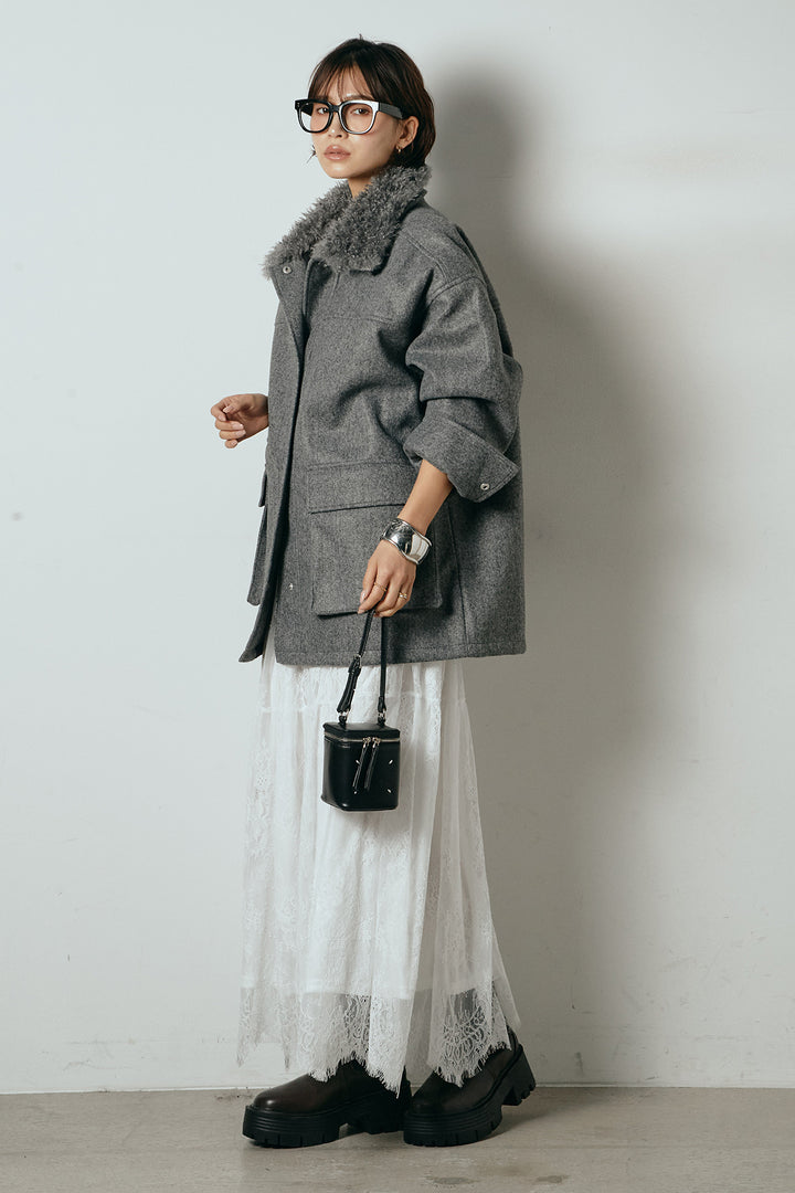 [SET]エコウール衿ファー薄中綿入りミドルカバーオール+ひげレース切替ロング丈スカート(2set)