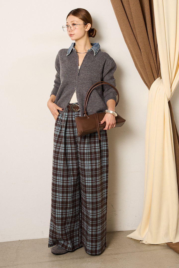[SET]デニム襟ダブルジップニットトップス+スタッズデザインベルトタータンチェックパンツ(2set)