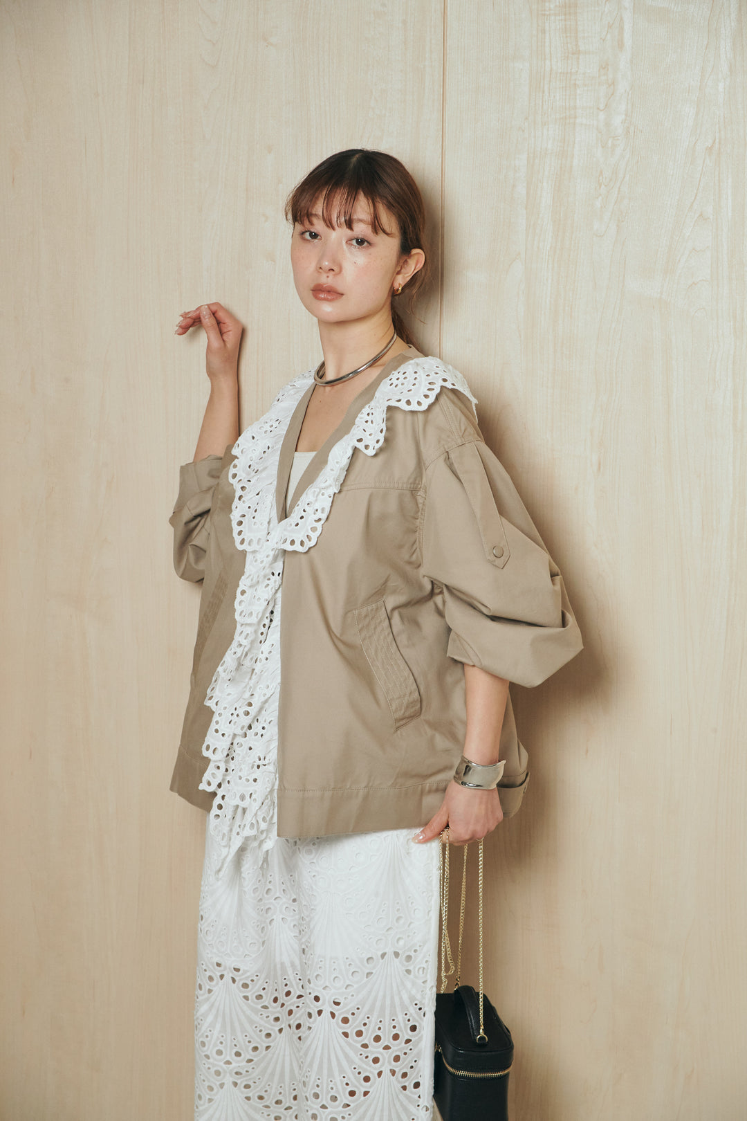 [SET]レースフリルドッキングアウター+レース刺繍リラックスパンツ(2set)