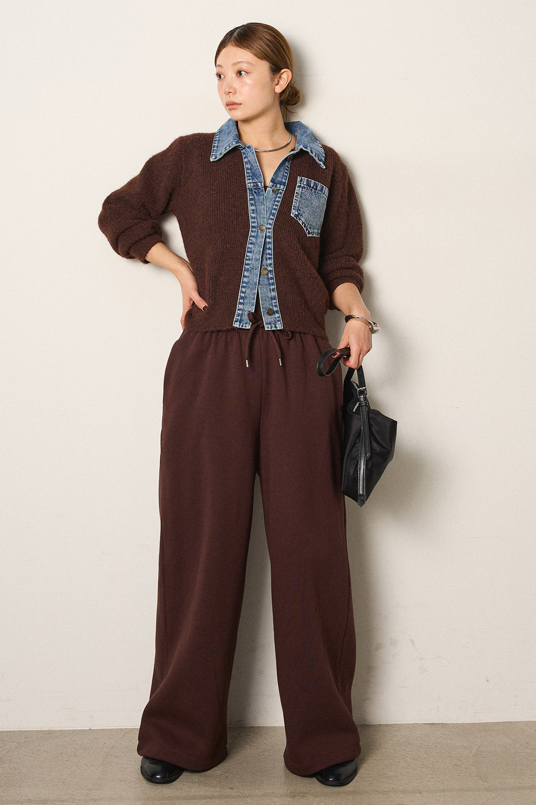 [SET]襟付きデニム切替ニットカーディガン+裏起毛スウェットワイドパンツ(2set)