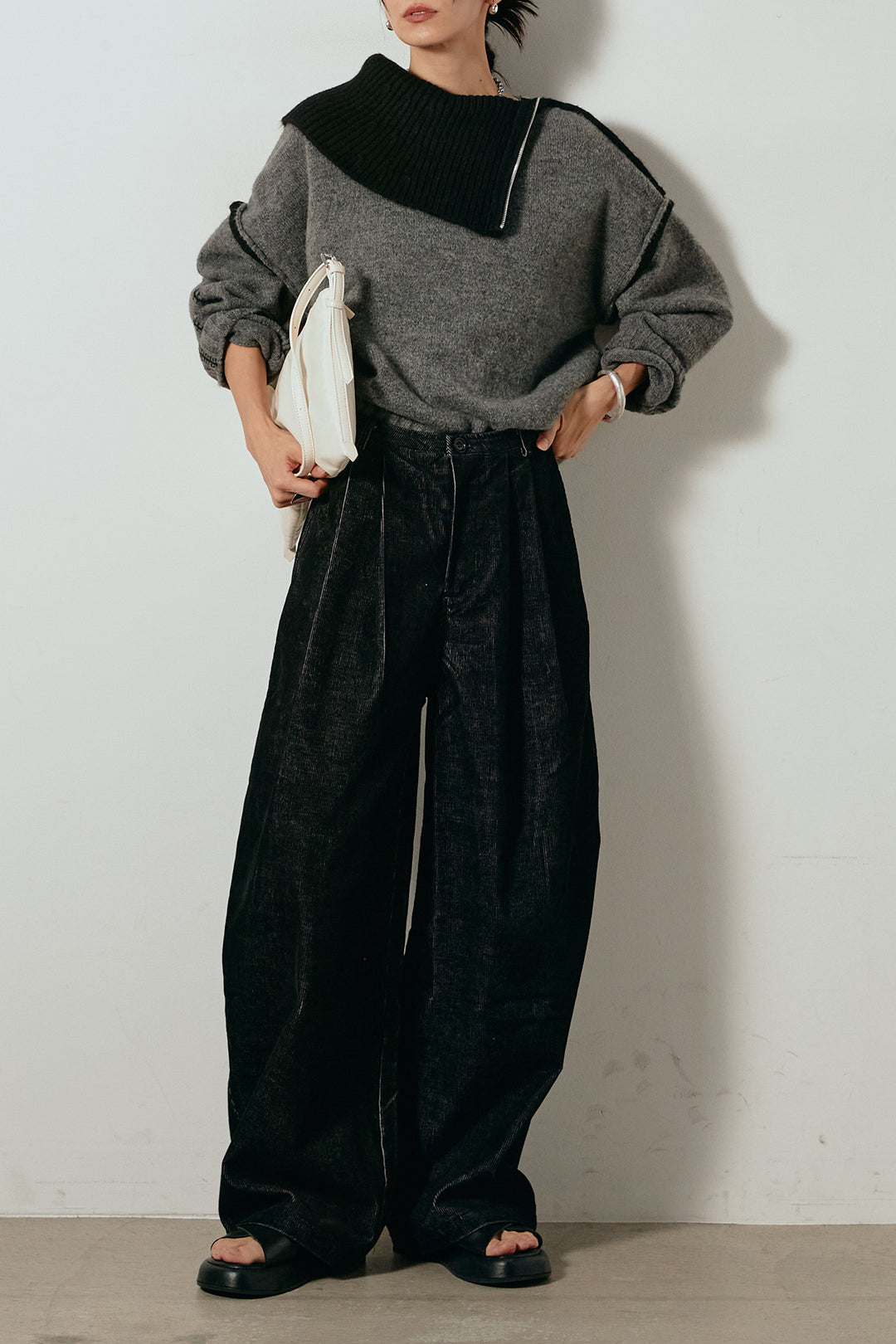 [SET]ハイネックジップデザインニットトップス+フロントタック入りコーデュロイパンツ(2set)