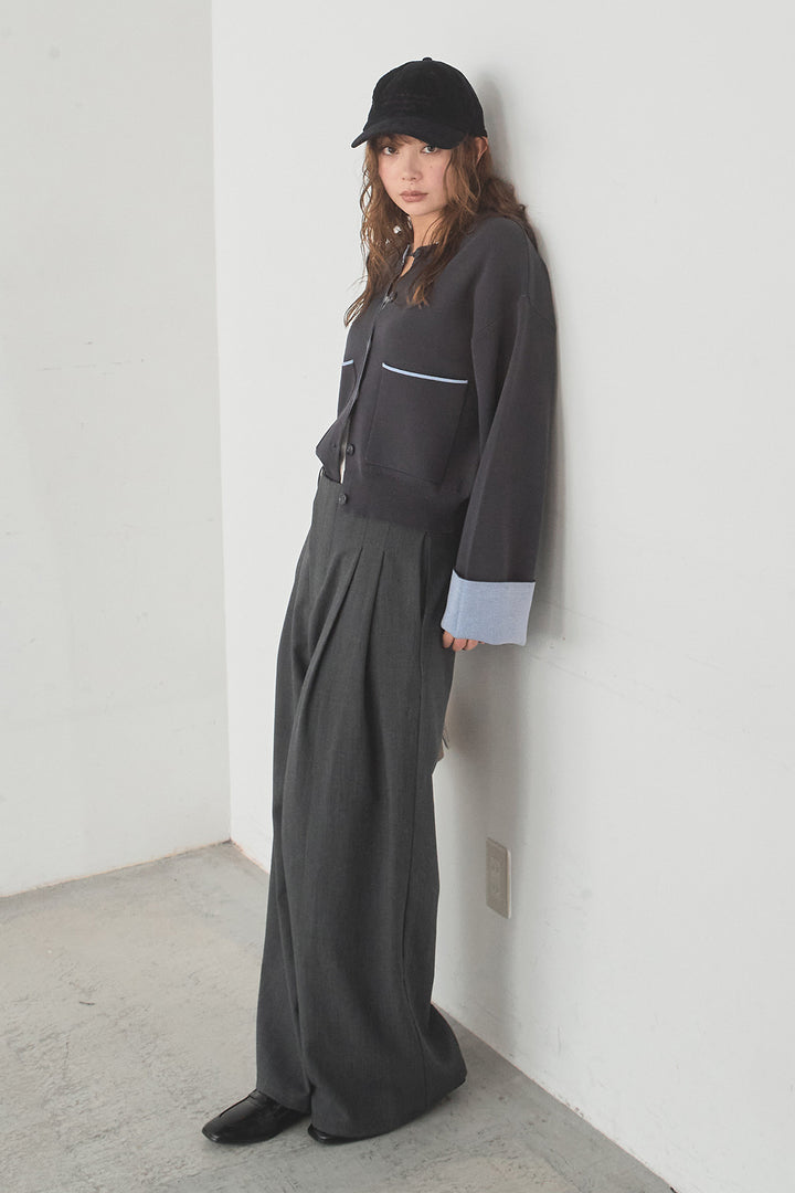 [SET]レーヨンポリダブルフェイスカーディガン+サイドベルトタック入りスラックス(2set)