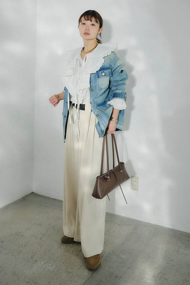 [SET]ノーカラーデニムポケットジャケット+コットンフリルブラウス+ベルト付きタックデザインハイウエストロングパンツ(3set)