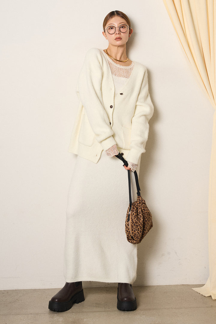 [SET]丸ボタン起毛ニットカーディガン+起毛ニットロングスカート+ストレッチレースクルーネックプルオーバー(3set)