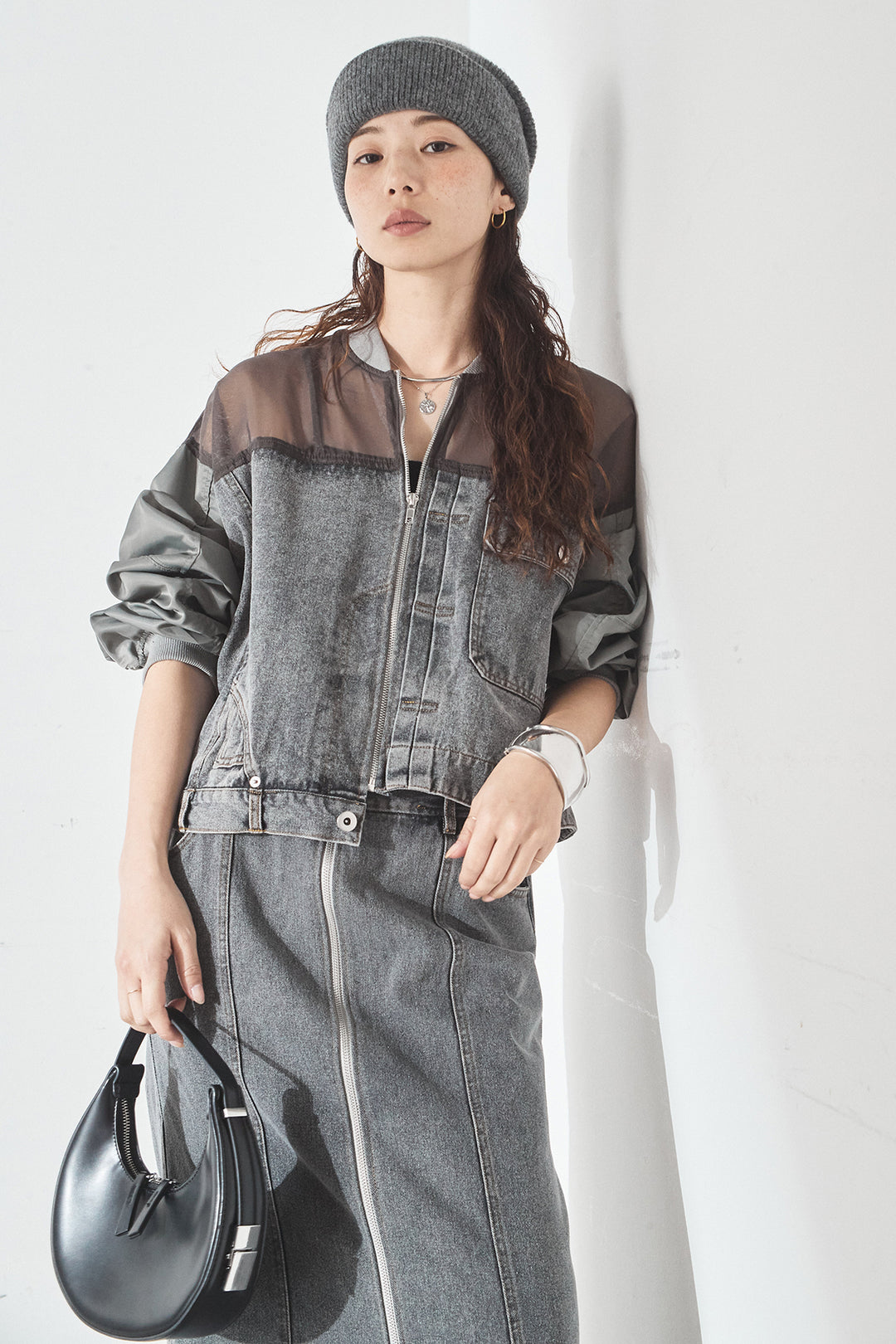 [SET]デニムコンビネーションブルゾン+フロントジップデニムスカート(2set)