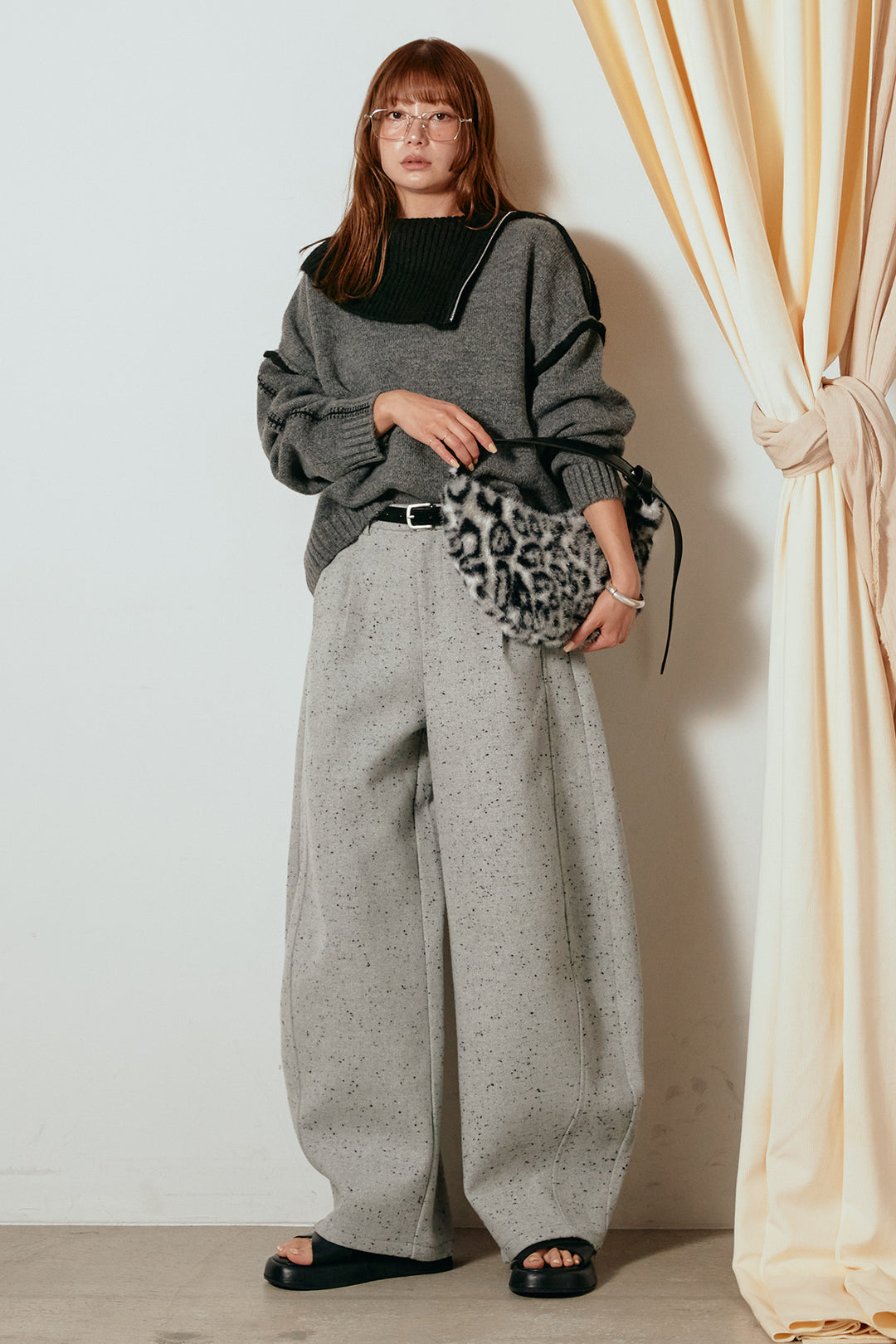 [SET]ハイネックジップデザインニットトップス+ベルト付きネップツイードカーブパンツ(2set)