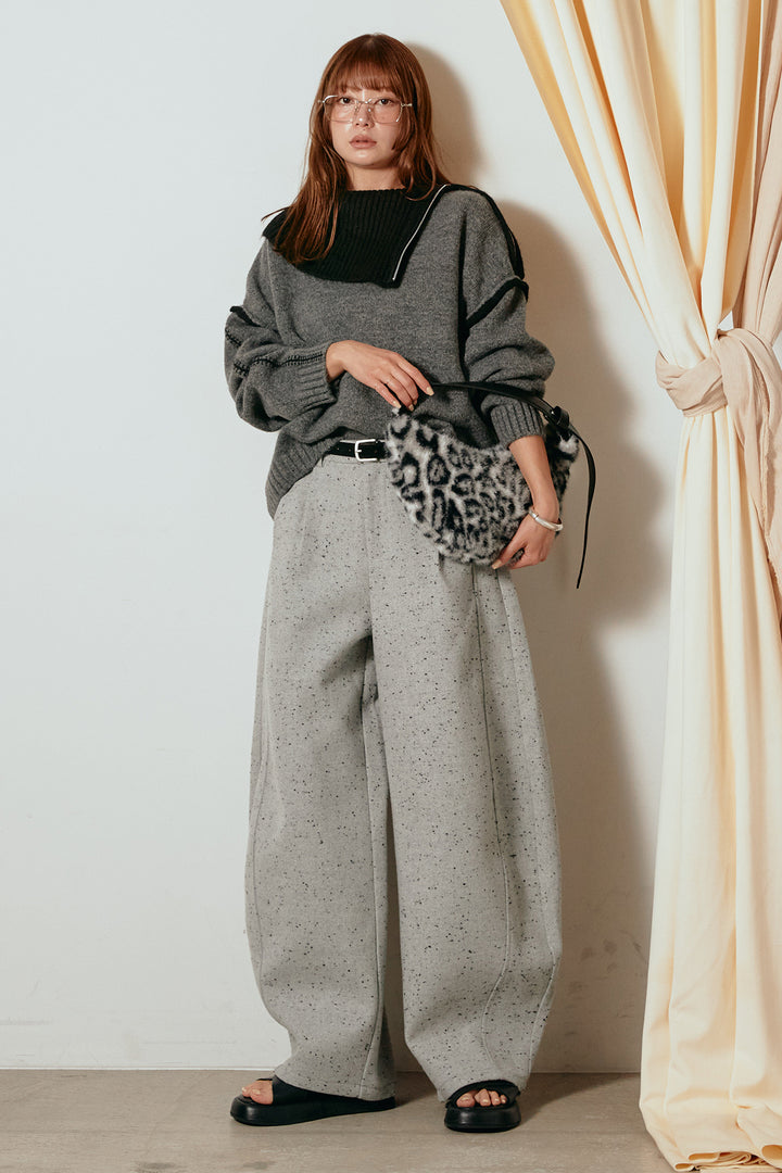 [SET]ハイネックジップデザインニットトップス+ベルト付きネップツイードカーブパンツ(2set)