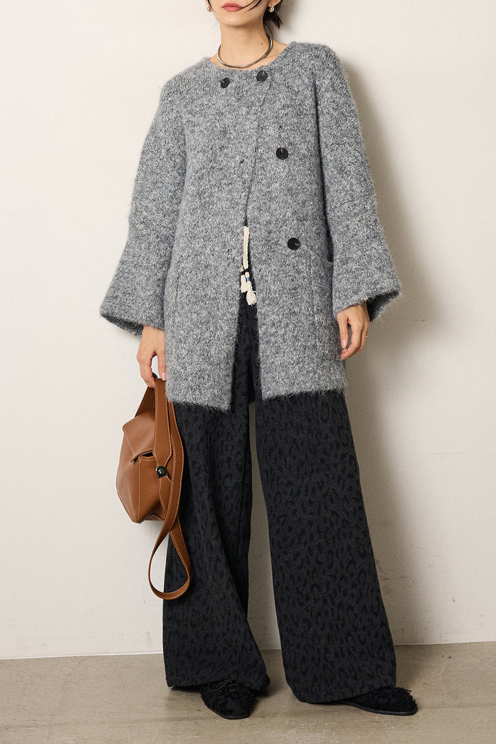 [SET]アシンメトリーボタンニットカーディガン+レオパードジャガードニットパンツ(2set)