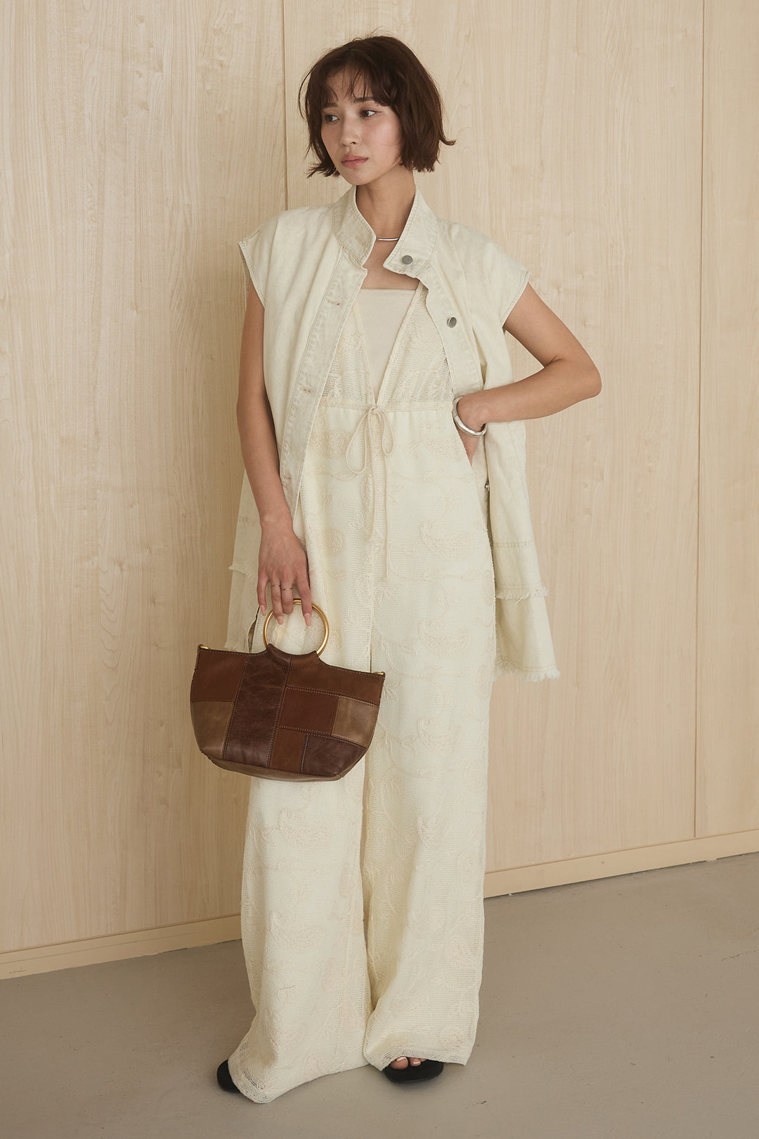 [SET]ケミカルデニムヘムカットオフジレ+レースサロペット(2set)