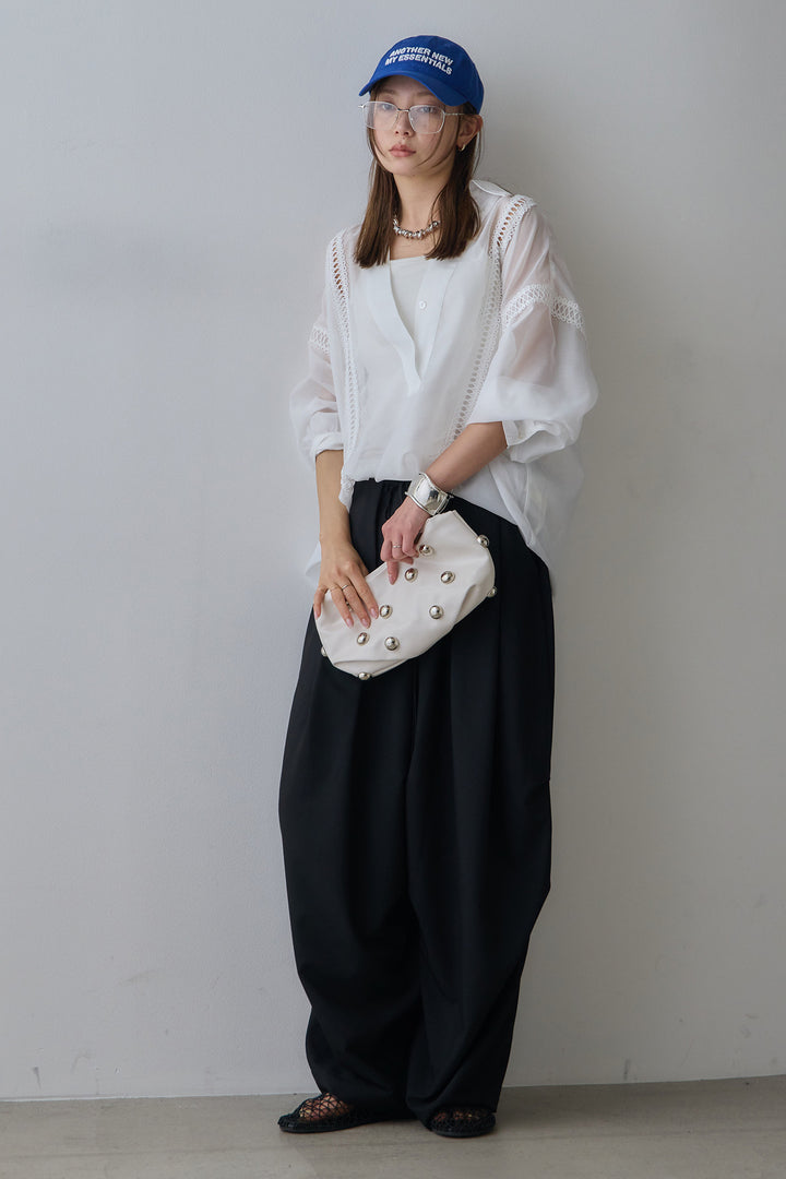 [SET]襟付き深Vネック刺繍シアーシャツ+ランダムタック入りワイドパンツ(2set)
