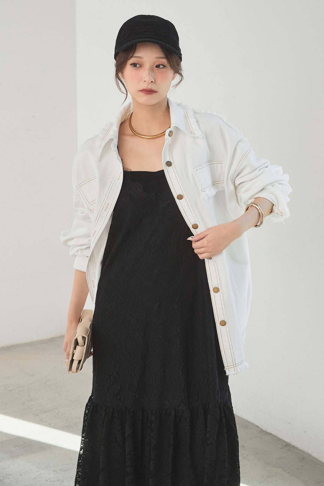 [SET]フリンジデニムジャケット+レース刺繍フレアキャミワンピース(2set)