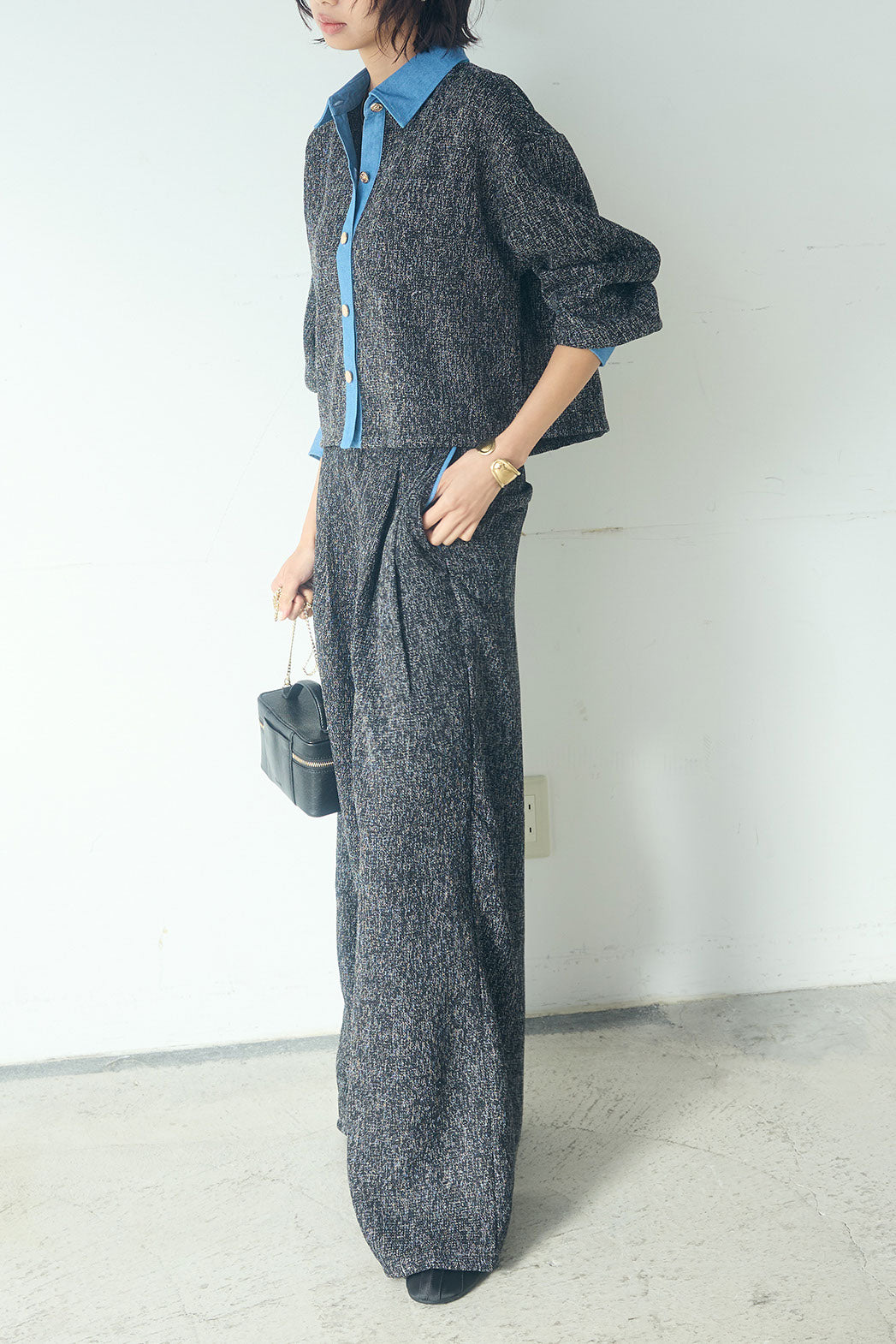 [SET]ツイード×デニムショート丈シャツ+ツイード×デニムハイウエストラインロングパンツ(2set)