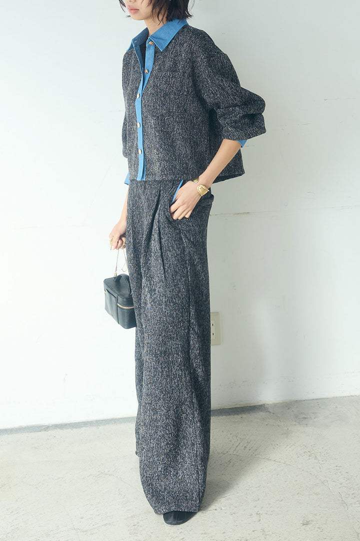 [SET]ツイード×デニムショート丈シャツ+ツイード×デニムハイウエストラインロングパンツ(2set)