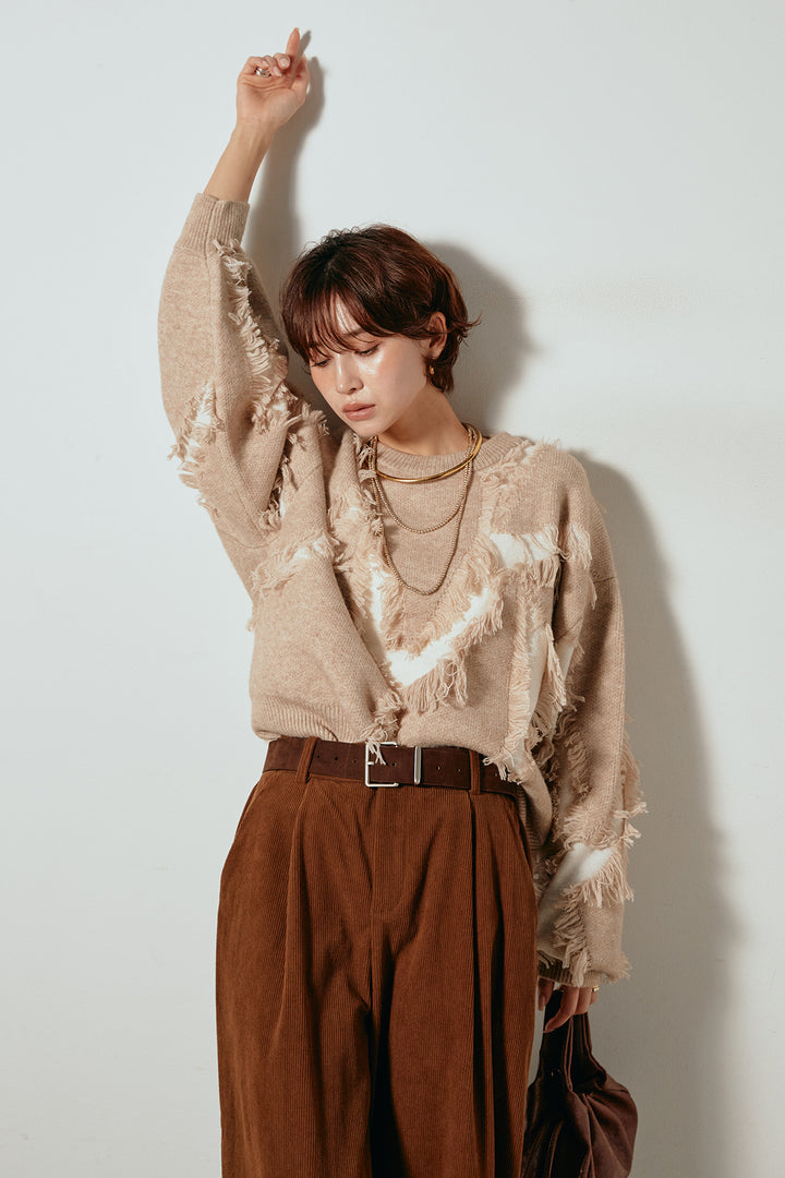 [SET]シャギージャガードニットトップス+太ベルト付きコーデュロイタックパンツ(2set)